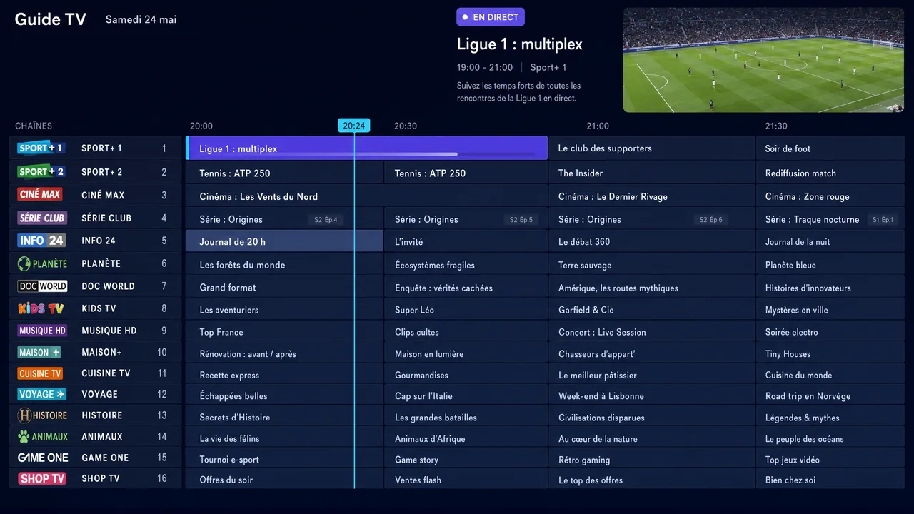 Interface Atlas Pro ONTV affichant la liste des chaînes en direct