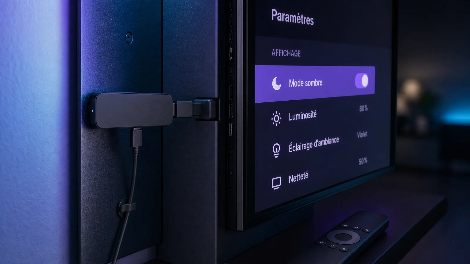 Fire TV Stick branché sur un téléviseur avec l'application Atlas Pro ONTV à l'écran