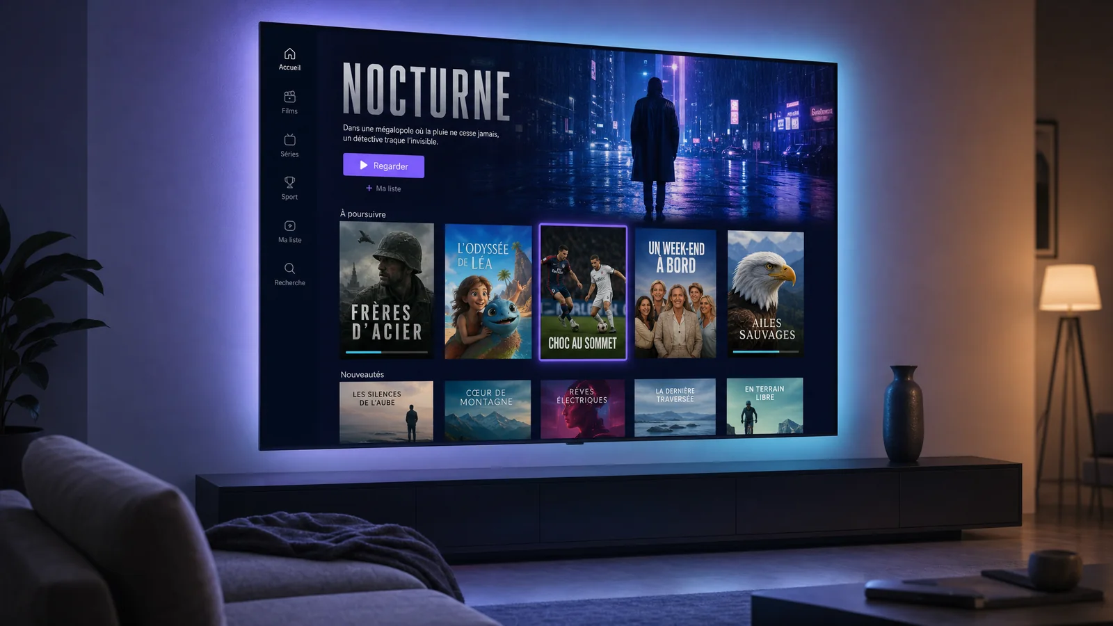 Interface de l'abonnement Atlas Pro ONTV affichée sur un téléviseur dans un salon